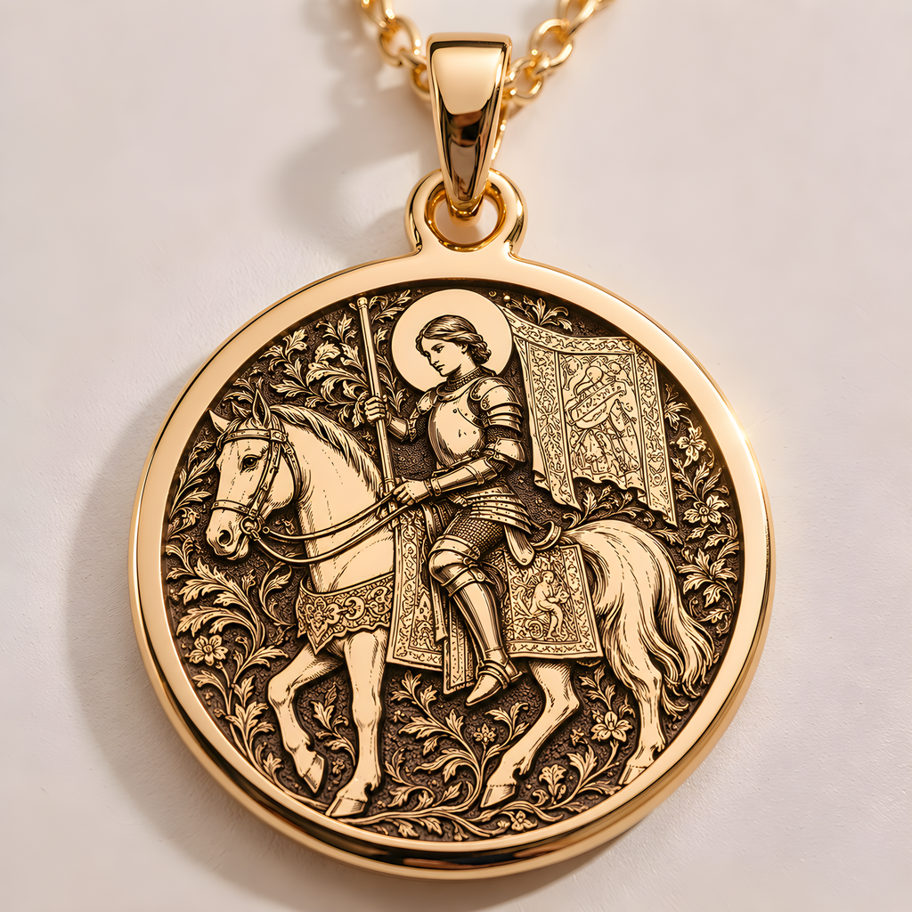 Equestrian Saint Joan of Arc Pendant in a gold finish, shown from the front with detailed engraving on the pendant.