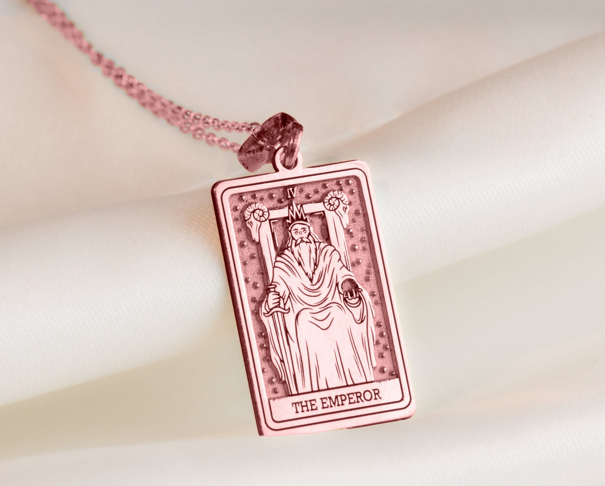 Emperor Tarot Major Arcana Pendant Necklaces 14K Rose 14K 14K Rose Gold Plated rectangular pendant featuring an emperor design and text on a delicate chain.
