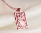 Emperor Tarot Major Arcana Pendant Necklaces 14K Rose 14K 14K Rose Gold Plated rectangular pendant featuring an emperor design and text on a delicate chain.