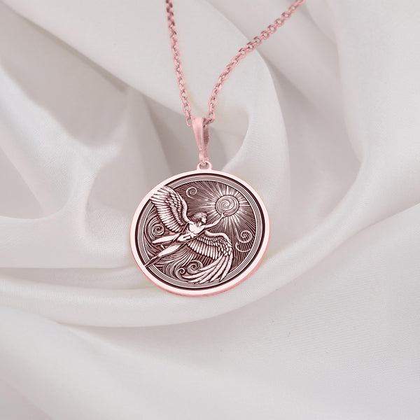 Unique Rose Gold Plated Icarus pendant, featuring an artistic Greek mythology medallion. A stunning rose gold celestial charm, blending elegance and storytelling.