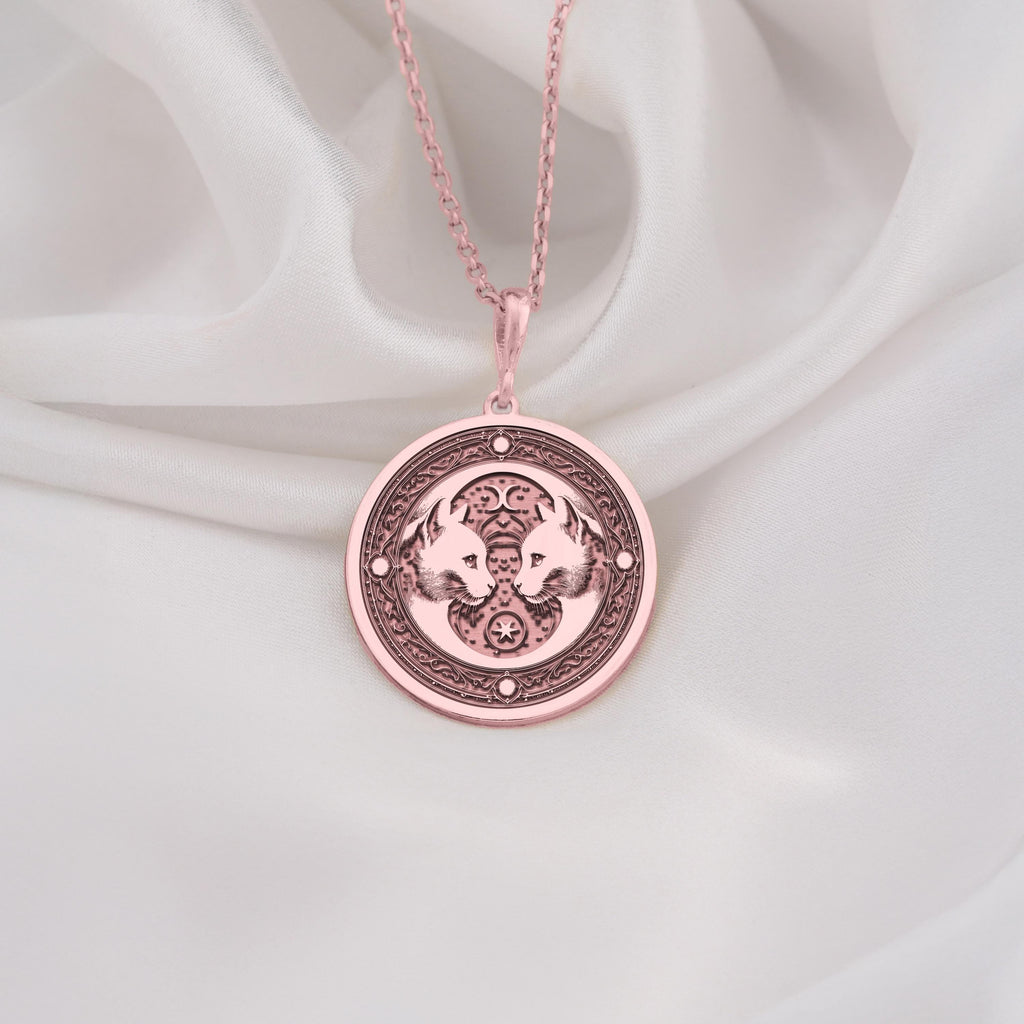 Gemini Twin Cats Zodiac Charm Necklaces Rose 14K Rose 14K 14K Rose 14K 14K Rose Gold Plated pendant necklace featuring two facing animal heads in a circular design.