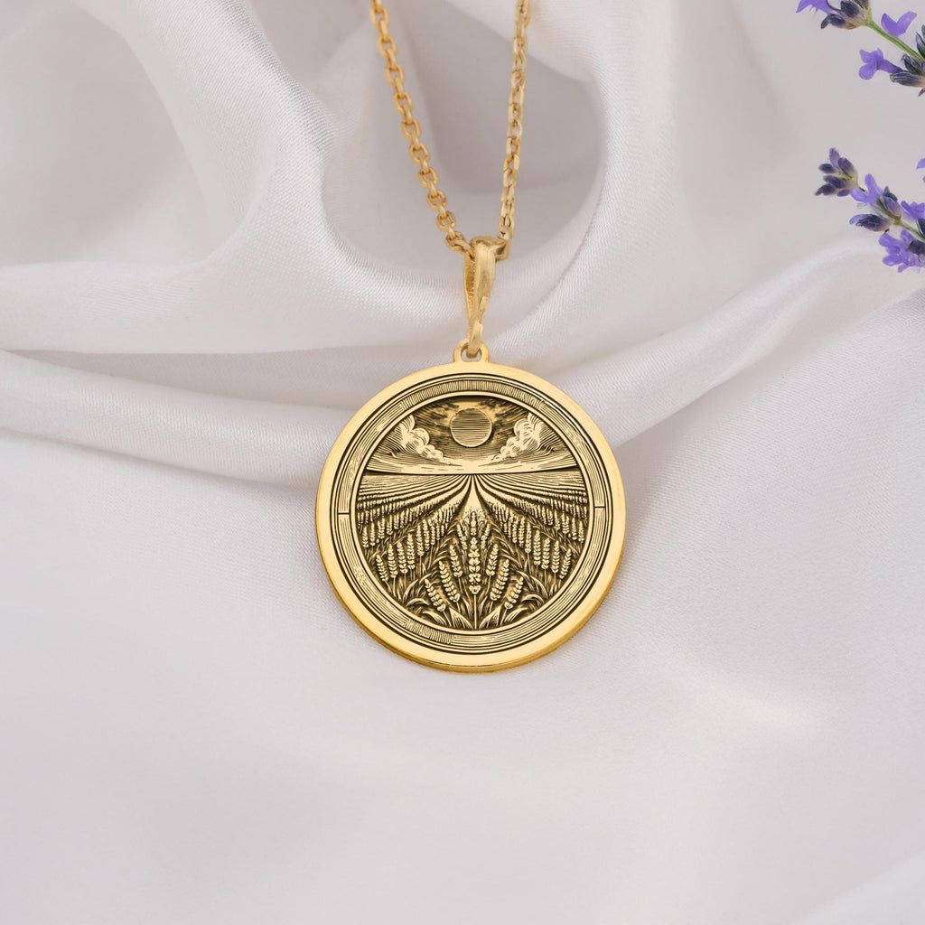 Elegant 14K Solid Gold Lavender Field pendant, featuring an intricately engraved blooming lavender garden under the sun. A perfect gold floral necklace, symbolizing serenity, peace, and natural beauty.