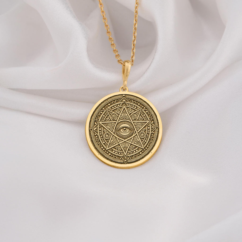 14k gold eye necklace with a star motif, featuring a detailed geometric design and all seeing eye symbol, perfect for spiritual protection and as a meaningful gift for men and women.