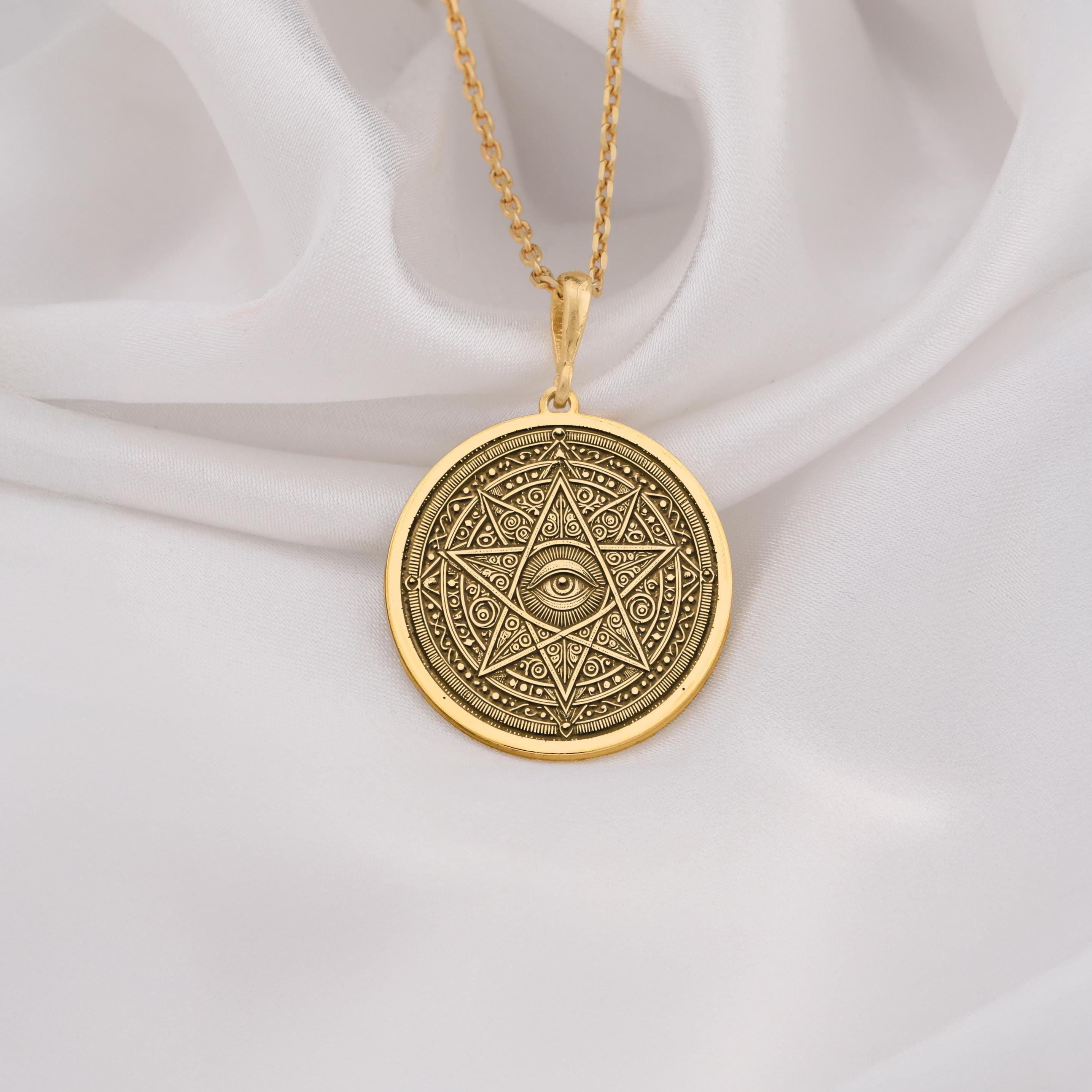 14k gold eye necklace with a star motif, featuring a detailed geometric design and all seeing eye symbol, perfect for spiritual protection and as a meaningful gift for men and women.