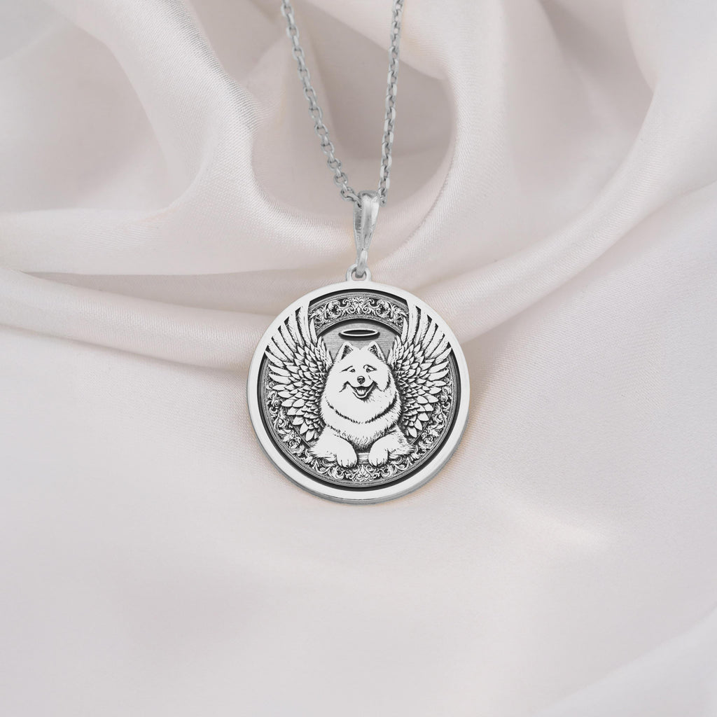 925 Sterling Silver Samoyed Angel Dog Medallion showcasing beloved arctic breed with angel wings and heavenly halo. Detailed memorial coin pendant with fluffy white coat and characteristic smile. Premium Samoyed loss jewelry symbolizing eternal love.