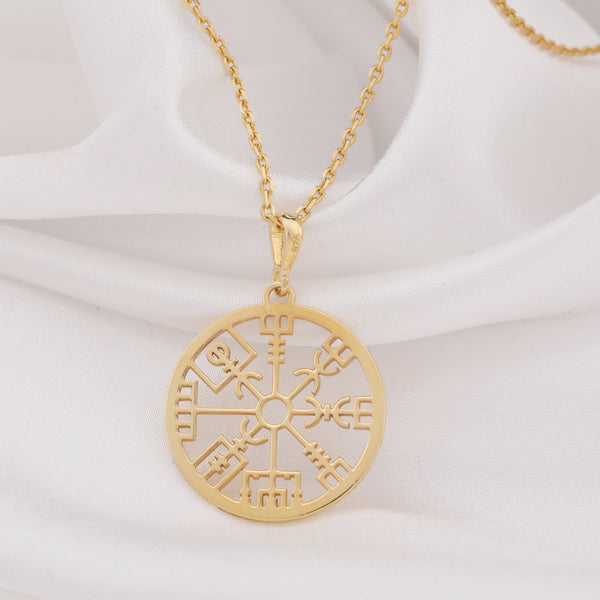 vegvisir gold pendant necklace , shaman drum pendant, vegvisir medallion