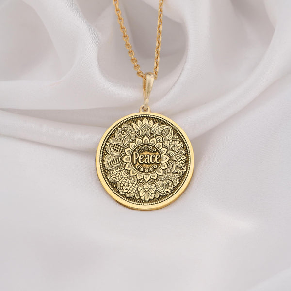 14K Gold Peace Mandala Necklace featuring intricate spiritual design. Perfect for yoga enthusiasts and mindfulness lovers. A meaningful boho-inspired pendant, ideal as a thoughtful gift for birthdays, anniversaries, or special occasions.