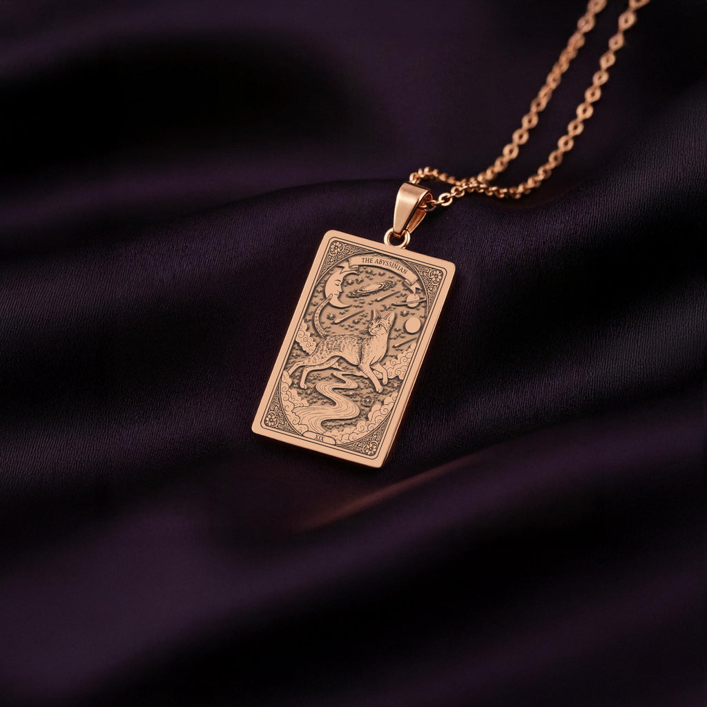 A custom rose gold plated Cat Lover tarot necklace. This piece is a perfect gift, celebrating the unique beauty of the Abyssinian.