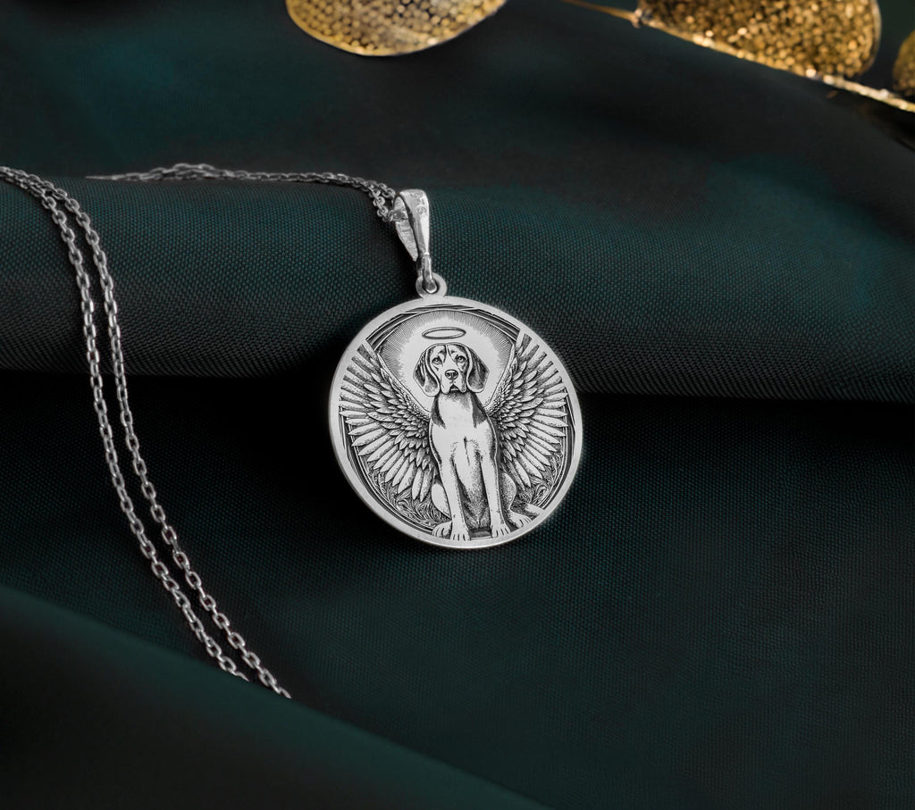 Sterling Silver Beagle Angel Pendant with detailed memorial design. Handcrafted silver coin charm featuring beloved hunting hound with wings, halo and radiant elements. Rainbow bridge jewelry celebrating eternal bond with Beagle companions.