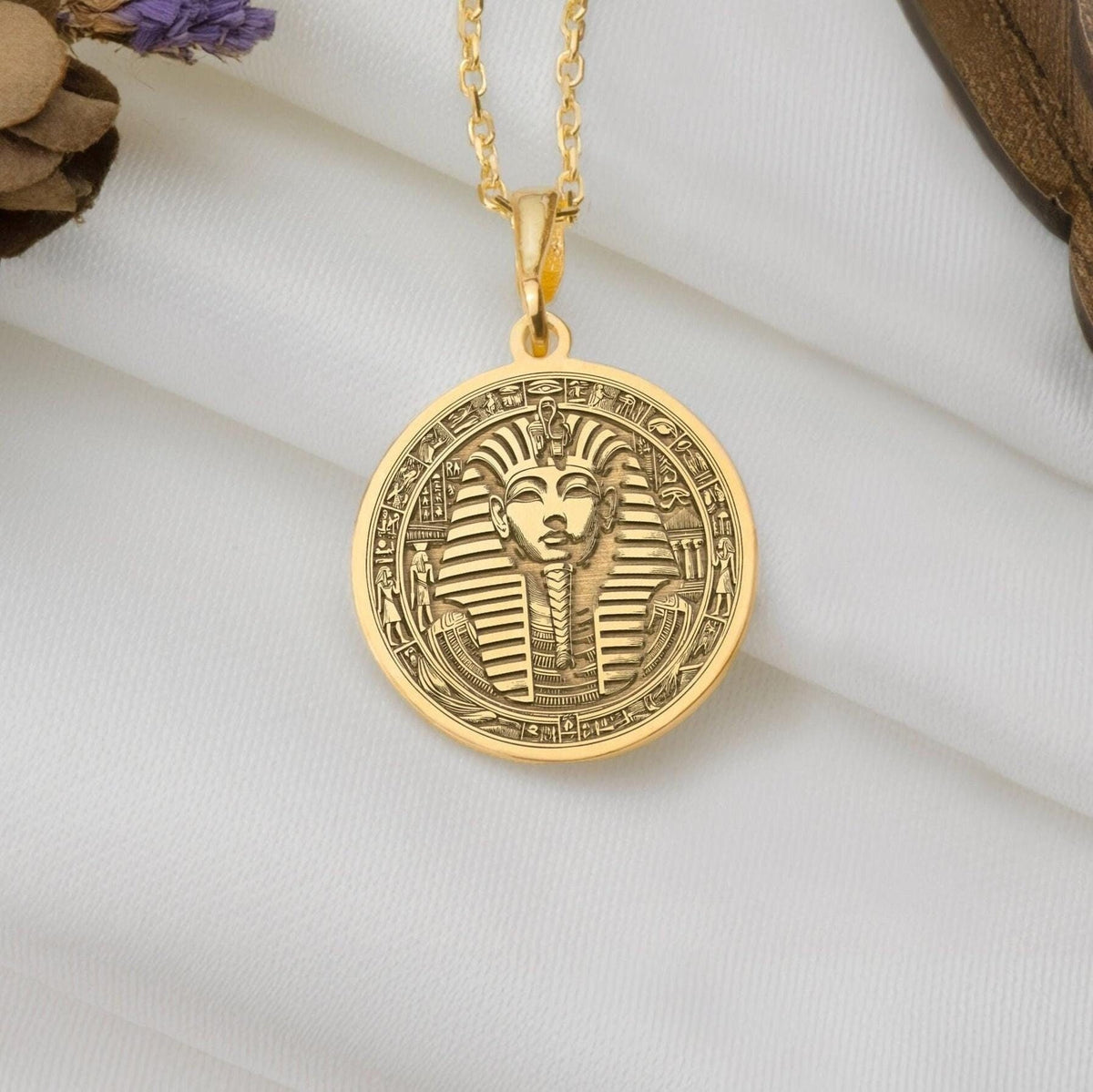 Yellow gold Tutankhamun coin pendant necklace, inspired by ancient Egypt. This dainty 14k gold charm symbolizes royalty and resilience, perfect for layering or daily wear. A unique, lightweight gift blending timeless elegance and boho style.