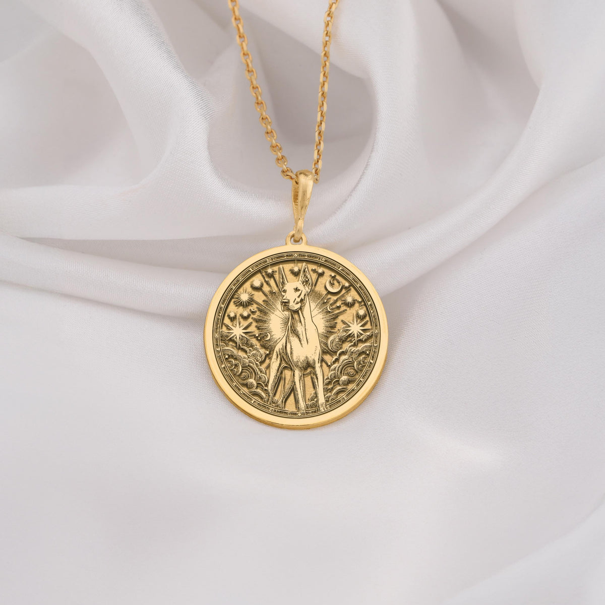 Doberman Pinscher Guardian Dog Pendant Necklaces 14K 14K Gold Plated pendant necklace with an ornate circular relief design