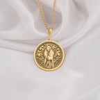 Doberman Pinscher Guardian Dog Pendant Necklaces 14K 14K Gold Plated pendant necklace with an ornate circular relief design