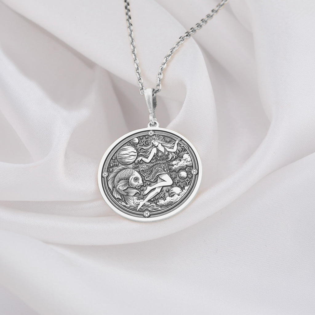 Sterling silver zodiac pendant with the iconic Pisces symbol, designed for those who appreciate unique pieces. A refined, everyday accessory and thoughtful gift option with classic silver elegance