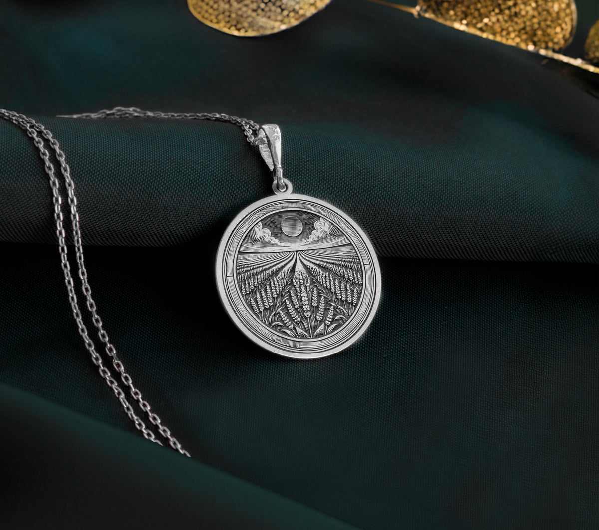 925 Sterling Silver lavender necklace, engraved with a blooming flower field under a shining sun. A timeless earth-inspired pendant, perfect for flower lovers and nature enthusiasts.