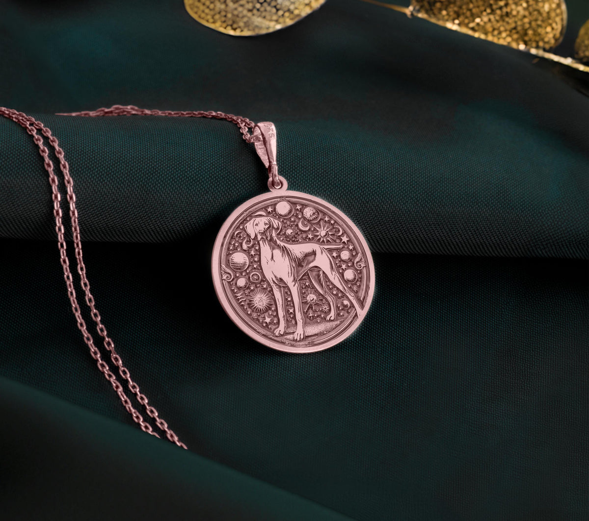 Doberman Dog Cosmic Medallion Necklace Necklaces Rose 14K Rose 14K 14K Rose 14K 14K Rose Gold Plated round pendant with an animal outline and floral design necklace