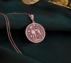 Doberman Dog Cosmic Medallion Necklace Necklaces Rose 14K Rose 14K 14K Rose 14K 14K Rose Gold Plated round pendant with an animal outline and floral design necklace