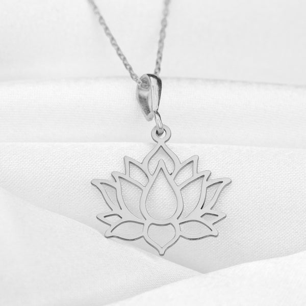 silver lotus pendant crafted from real gold, symbolizing purity and transformation, the perfect gift for a loved one or a spiritual milestone.