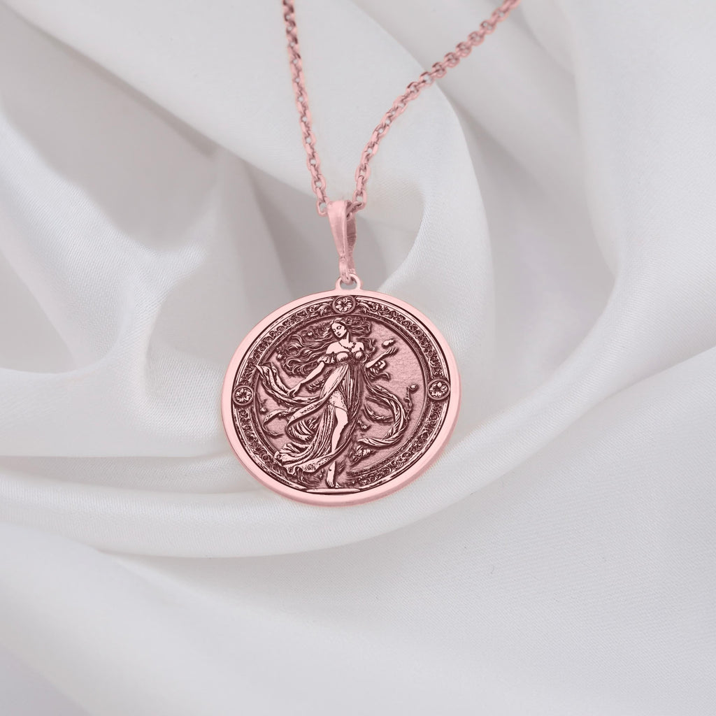Persephone necklace, celestial goddess medallion, and Greek mythology pendant. This witchy statement piece embodies Persephone’s power, love, and transformation, with a pomegranate amulet representing rebirth and fate. Ideal for goddess worshippers, celestial fashion lovers, and seekers of symbolic jewelry with deep meaning.