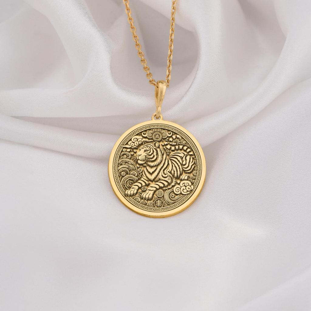 14K Solid Gold Chinese Zodiac Tiger pendant, featuring a majestic tiger with celestial elements. A bold and symbolic gold zodiac medallion representing strength and courage.