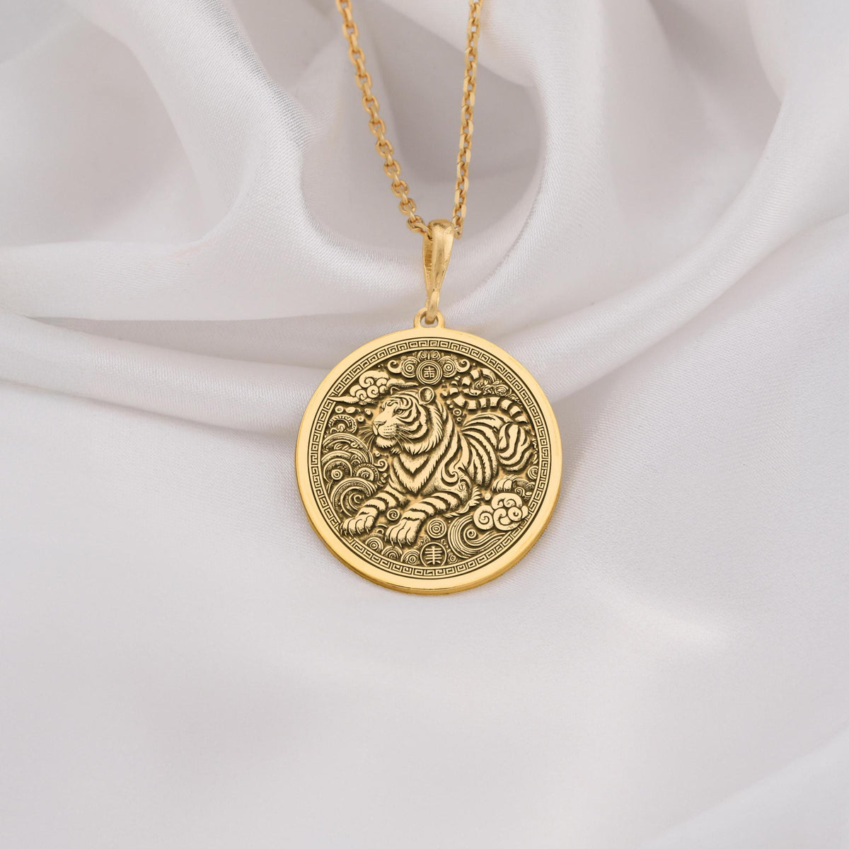 14K Solid Gold Chinese Zodiac Tiger pendant, featuring a majestic tiger with celestial elements. A bold and symbolic gold zodiac medallion representing strength and courage.