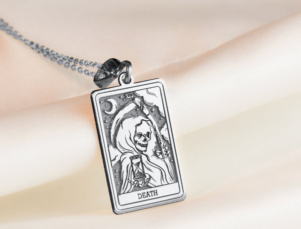 Death Tarot Card silver Charm Necklace Pendant, Death Tarot Necklace, Tarot Card Jewelry, Transformation Pendant, Mystical Charm Necklace, Symbolic Jewelry,