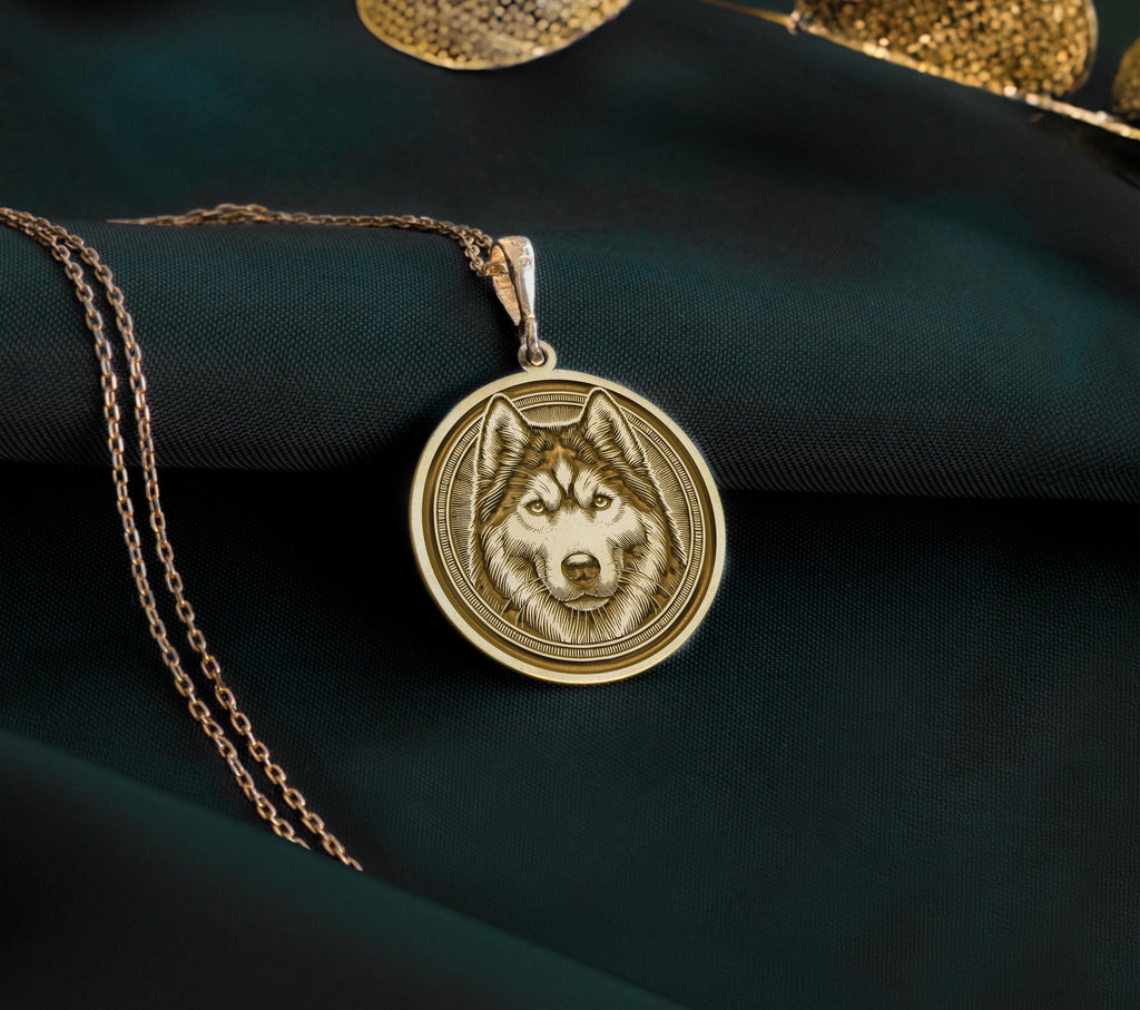 Husky Wolf Spirit Animal Medallion Necklaces 14K 14K Gold Plated plated husky face pendant necklace on dark fabric