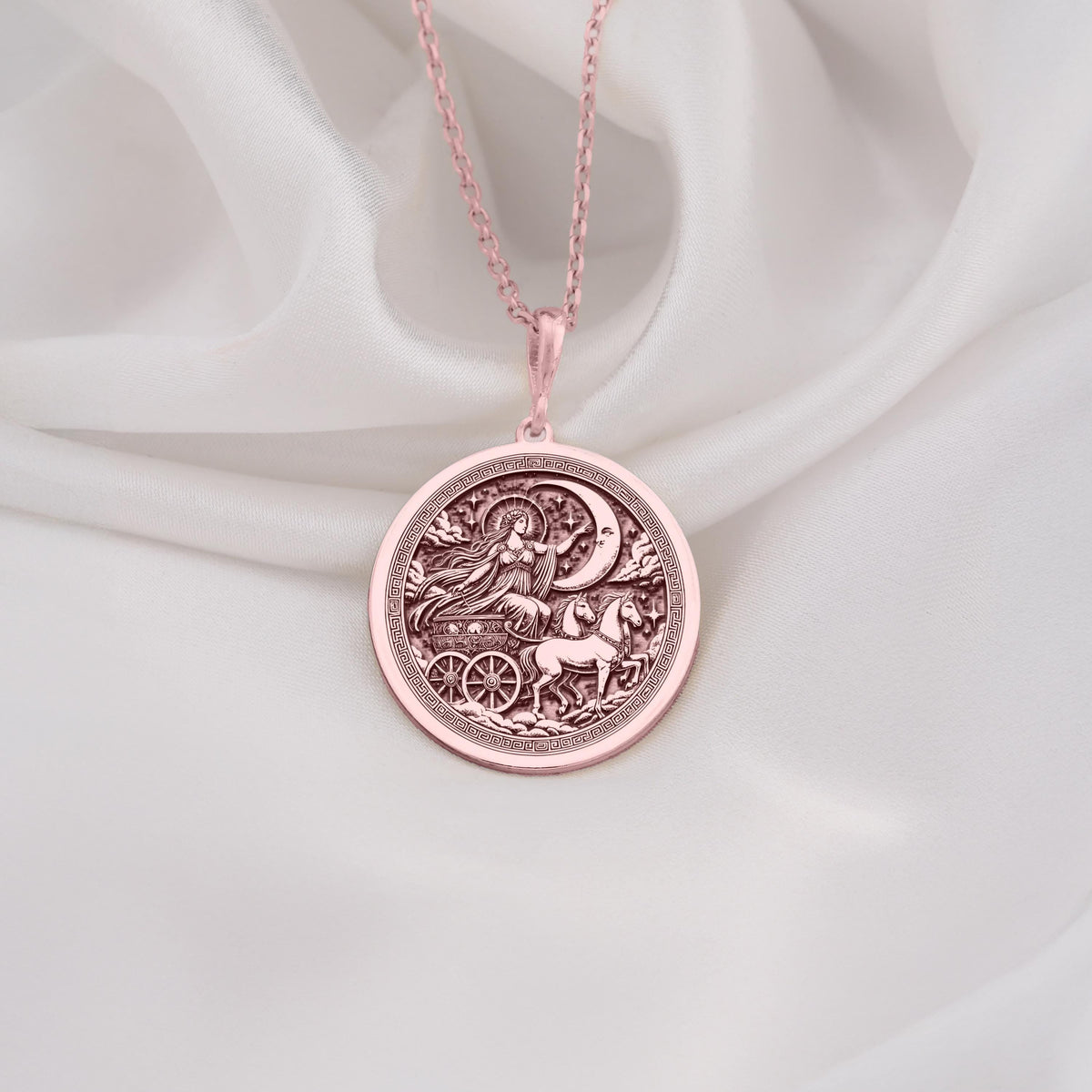 Selene Necklace in Rose Gold Plated finish with a beautifully designed Greek Moon Goddess medallion. A meaningful celestial jewelry piece for astrology lovers and a stunning gift for her on special occasions or holidays.