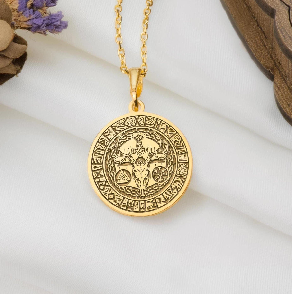 Solid Gold Norse Mythology Necklace, Viking Amulet, Thor Hammer Pendant, Mjolnir Necklace, Valkyrie Charm, Nordic Viking Jewelry, Gold Pagan Rune Necklace, Norse Warrior Gift, Handmade Gold Viking Pendant
