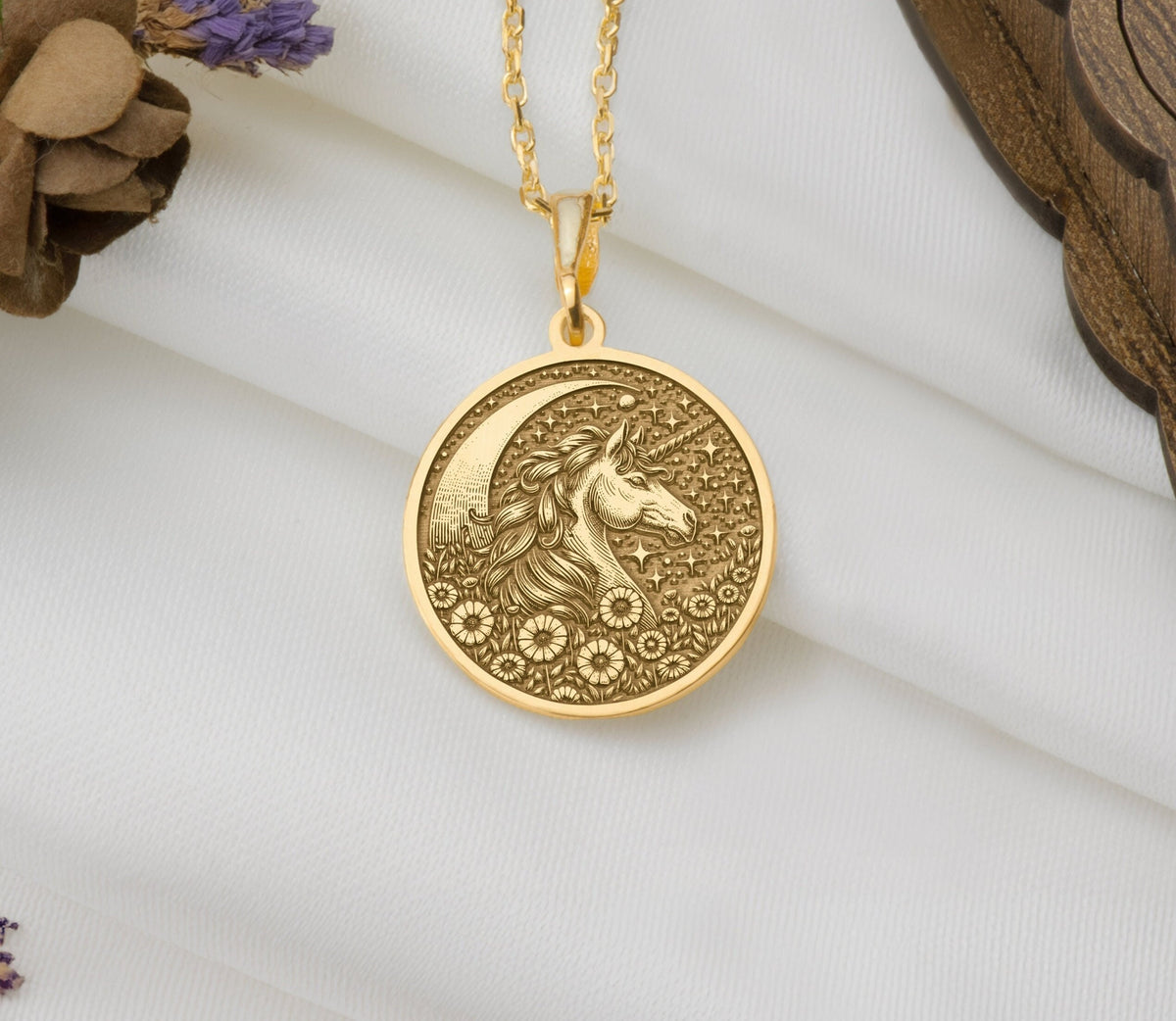 14K Solid Gold Unicorn Pendant Necklace, a luxurious piece symbolizing magic and purity. This gold pendant or medallion is custom-crafted from high-quality 10K pure gold, making it an exquisite and meaningful gift for lovers of unicorn jewelry.