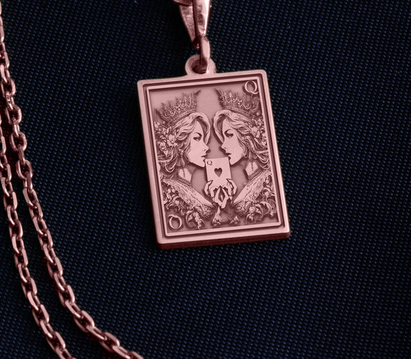 Rose gold Ace of Queens pendant highlighting two queens in a romantic design, perfect for LGBTQ+ pride and sapphic love representation