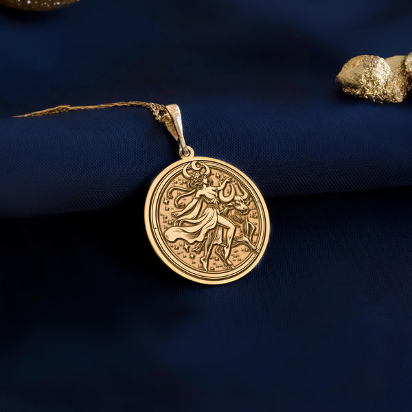 Zodiac jewelry for women, Zodiac pendant for women, Zodiac necklace for women, Taurus medallion, Gold Taurus chain, woman carrying scales, angel with scale, woman with scale, Taurus scale, scale necklace, scale charm, scale pendant, balance necklace.