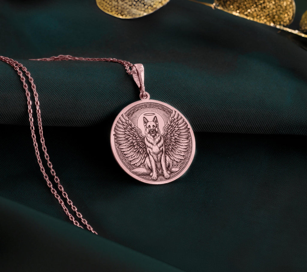 Rose Gold Plated German Shepherd Angel Pendant with memorial design. Warm-toned working breed medallion with detailed wings, halo and noble expression. Rainbow bridge jewelry celebrating eternal love, perfect for grieving German Shepherd parents.