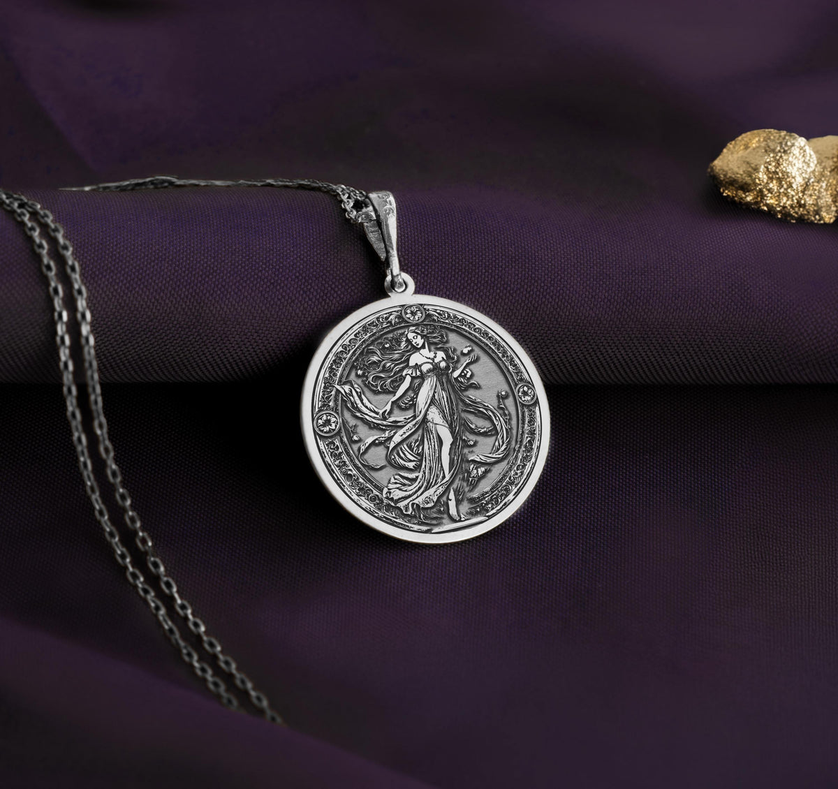 Persephone pendant, mythology-inspired goddess amulet, and celestial talisman. Representing Persephone’s journey between light and shadow, this piece features a pomegranate charm symbolizing transformation, fate, and divine power. A perfect Greek goddess necklace for witchy aesthetics, spiritual jewelry lovers, and celestial fashion enthusiasts.