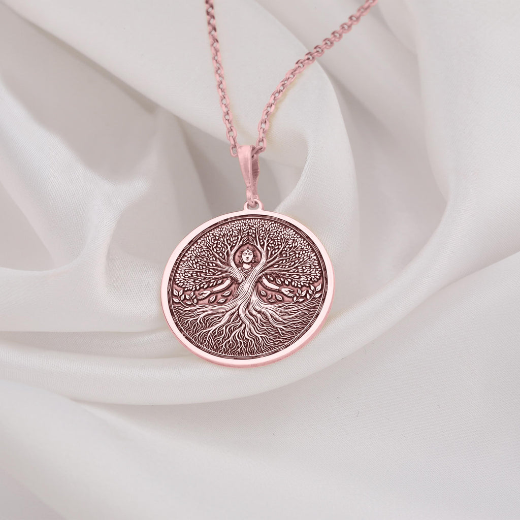 Unique Rose Gold Plated Tree of Life pendant, featuring an artistic feminine tree medallion with grounding roots. A stunning rose gold nature charm, blending beauty and spiritual symbolism.