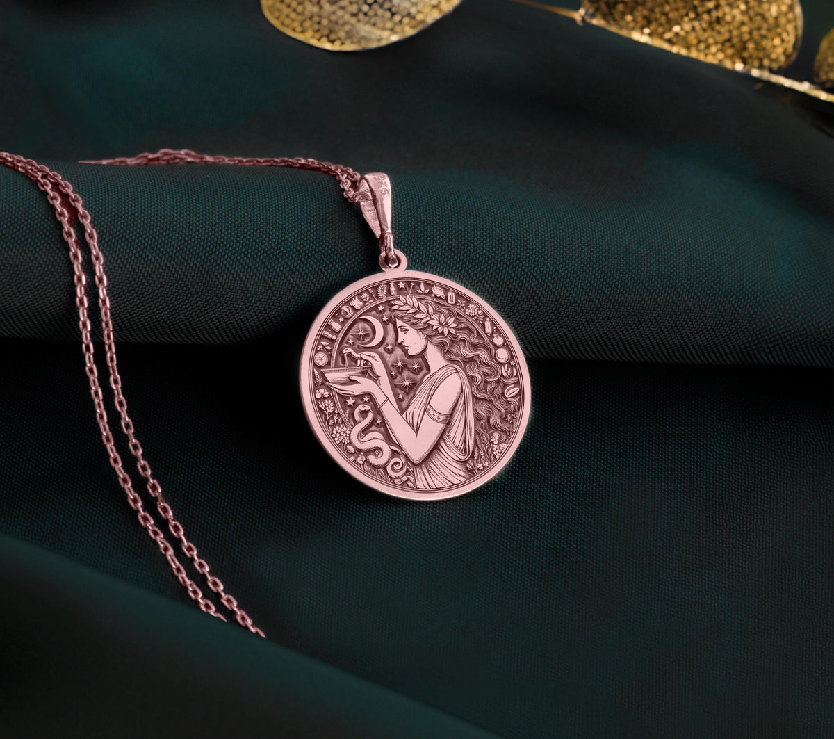 Hygieia Goddess Necklace Necklaces 14K Rose 14K 14K Rose Gold Plated pendant necklace featuring an engraved woman design with floral scrollwork on a round disc.