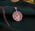 Hygieia Goddess Necklace Necklaces 14K Rose 14K 14K Rose Gold Plated pendant necklace featuring an engraved woman design with floral scrollwork on a round disc.