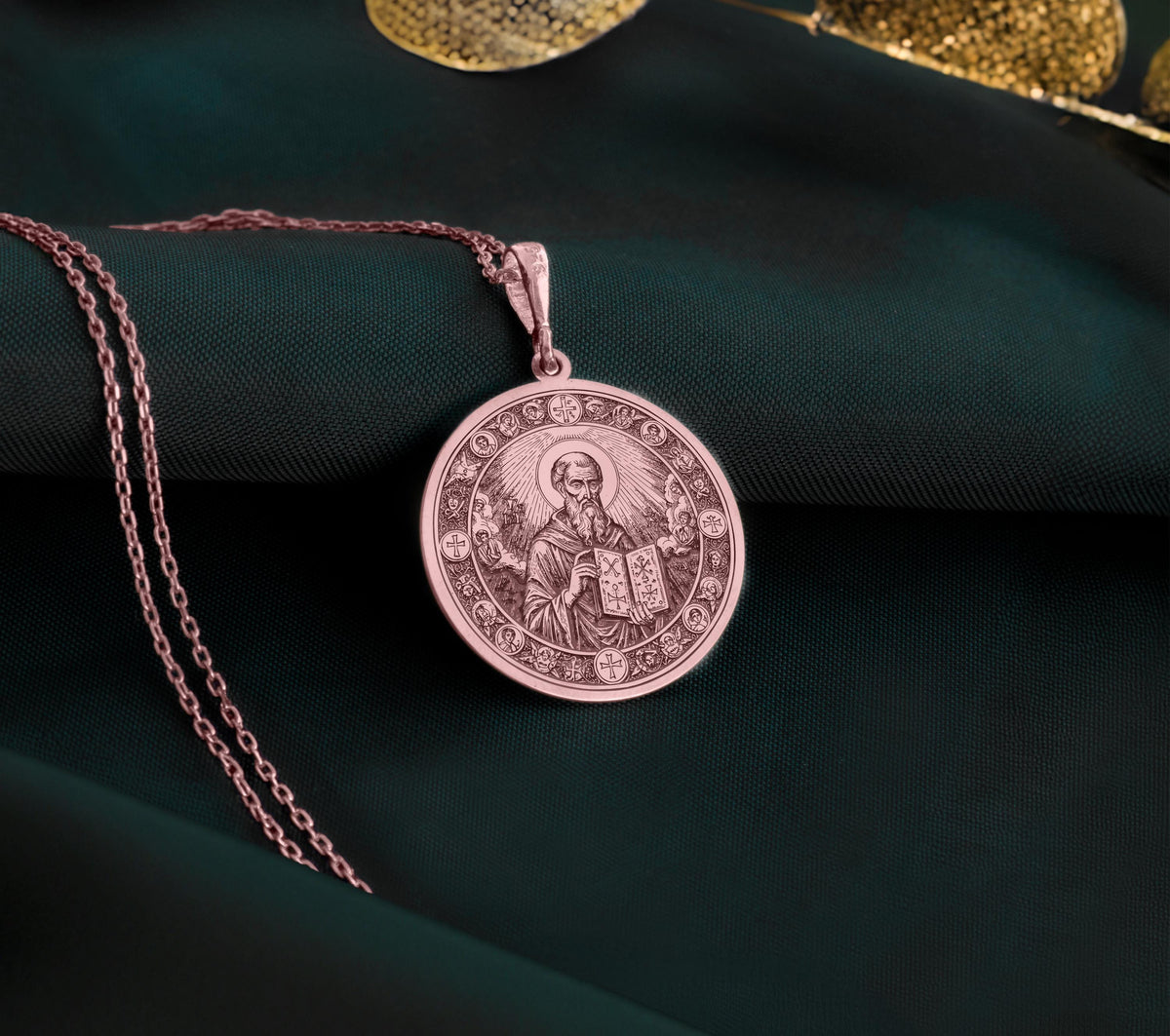 Rose Gold Plated Saint Dionysius Areopagite Pendant with Orthodox design. Warm-toned Christian saint medallion with holy book and sacred crosses. Religious jewelry celebrating divine protection, perfect Orthodox gift.