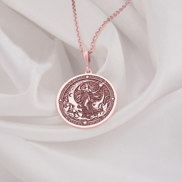 Rose Gold Plated Selene Medallion featuring ethereal moon goddess with flowing hair and crescent. Elegant lunar jewelry with celestial symbols and ornate stellar border. Warm-toned divine feminine pendant, perfect gift for moon enthusiasts.