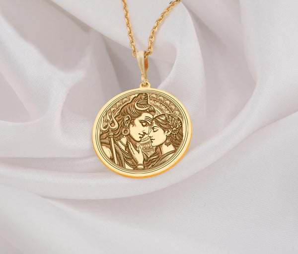 gold lord Shiva and Goddess Parvati pendant necklace, in a loving embrace. The design showcases divine symbols like Shiva s trident and their serene expressions, symbolizing the eternal bond of love and spirituality in Hindu mythology