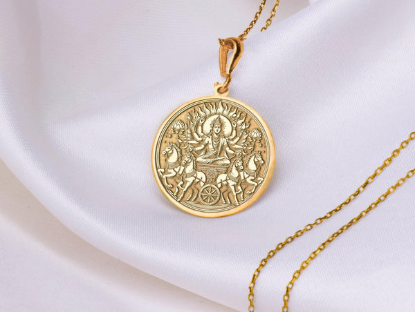 Gold Surya Charm Pendant necklace - Radiant Sun God Necklace, Handmade Hindu Jewelry for Strength & Positivity, Hindu jewelry,Surya amulet, surya coin pendant, Surya talisman