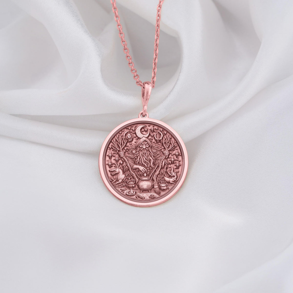 Rose gold plated forest witch pendant, reflecting the magical energy of the forest. Unique charm ideal for those wanting to connect with ancient forest spirits through an elegant rose gold amulet