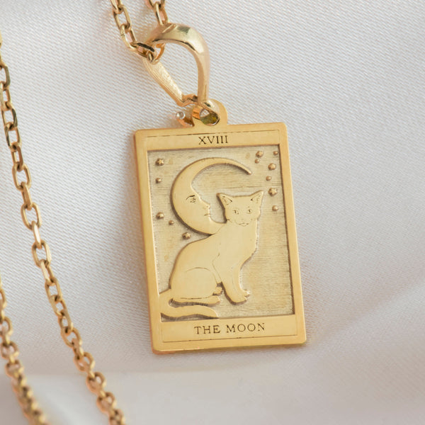 14K Solid Gold The Moon Tarot Card Necklace, Tarot Reading Rectangle Charm, Dainty Tarot Moon Charm, The Moon Necklace