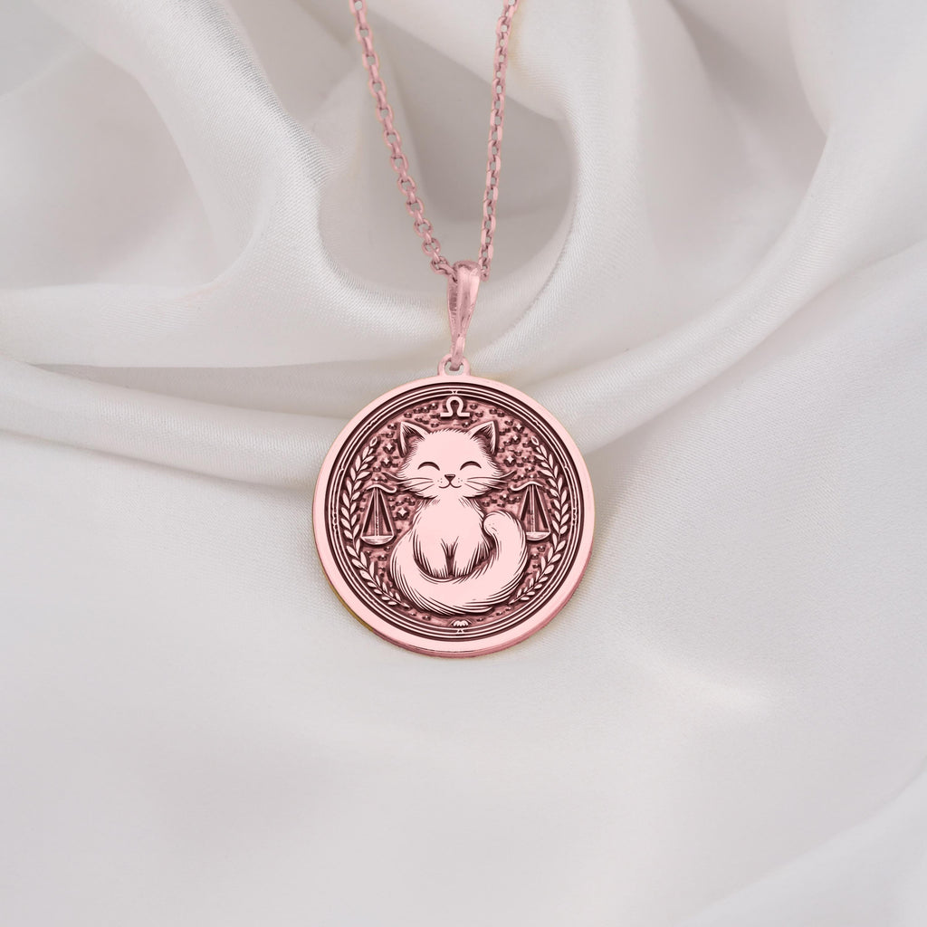 Rose gold-plated Libra zodiac necklace with a cute cat charm. A stylish and minimalist astrology gift for women, ideal for birthdays or special occasions.