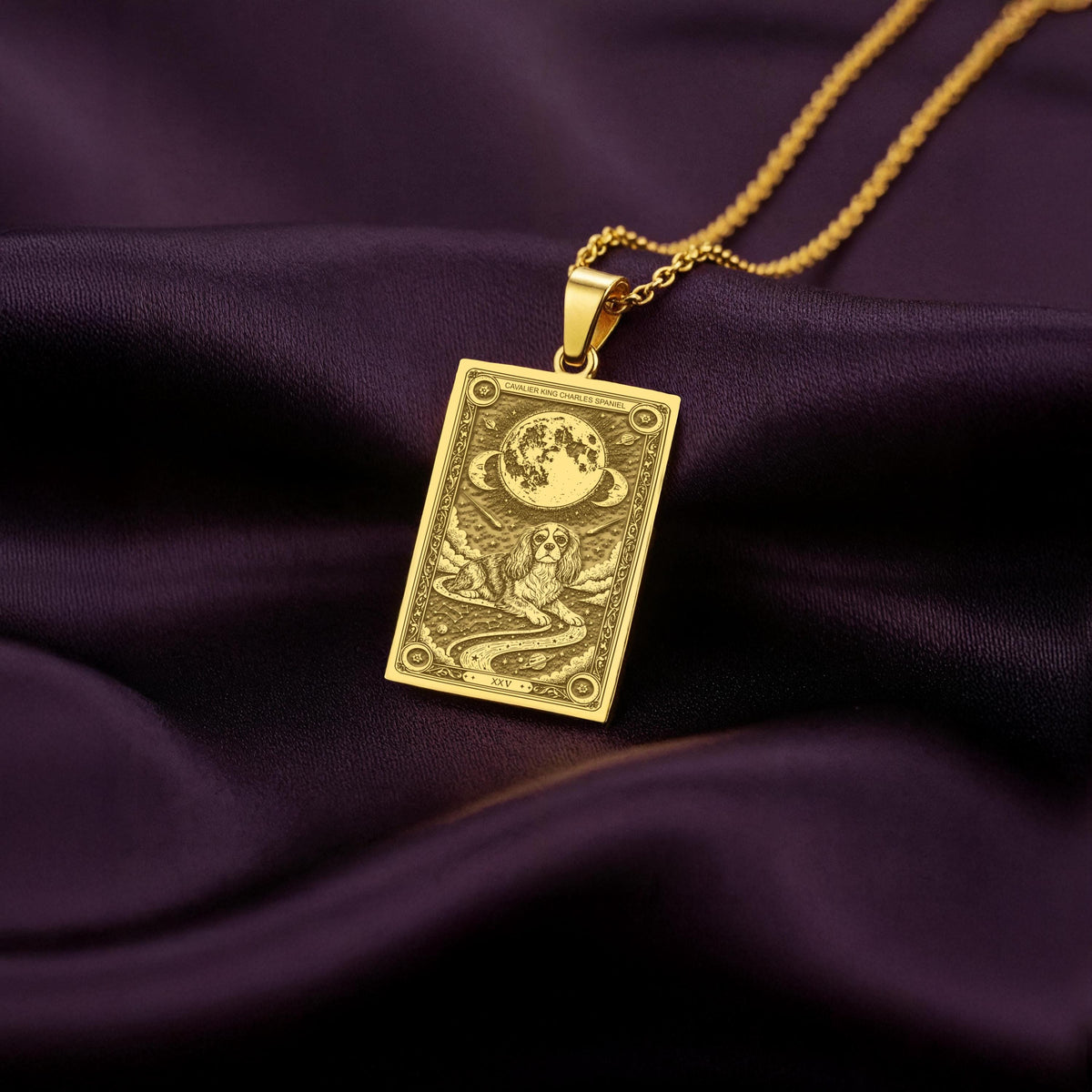A polished 14K solid gold Cavalier medallion. This fine pet jewelry represents the breed's affectionate spirit, a perfect dog lover gift.