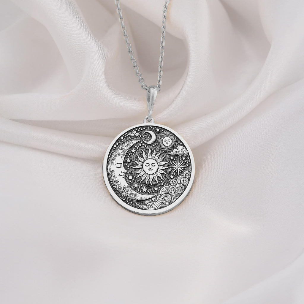 Silver celestial necklace with a handmade sun and moon pendant, personalized and elegant astrology-inspired jewelry, perfect gift for women or astrology lovers.