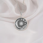 Silver celestial necklace with a handmade sun and moon pendant, personalized and elegant astrology-inspired jewelry, perfect gift for women or astrology lovers.