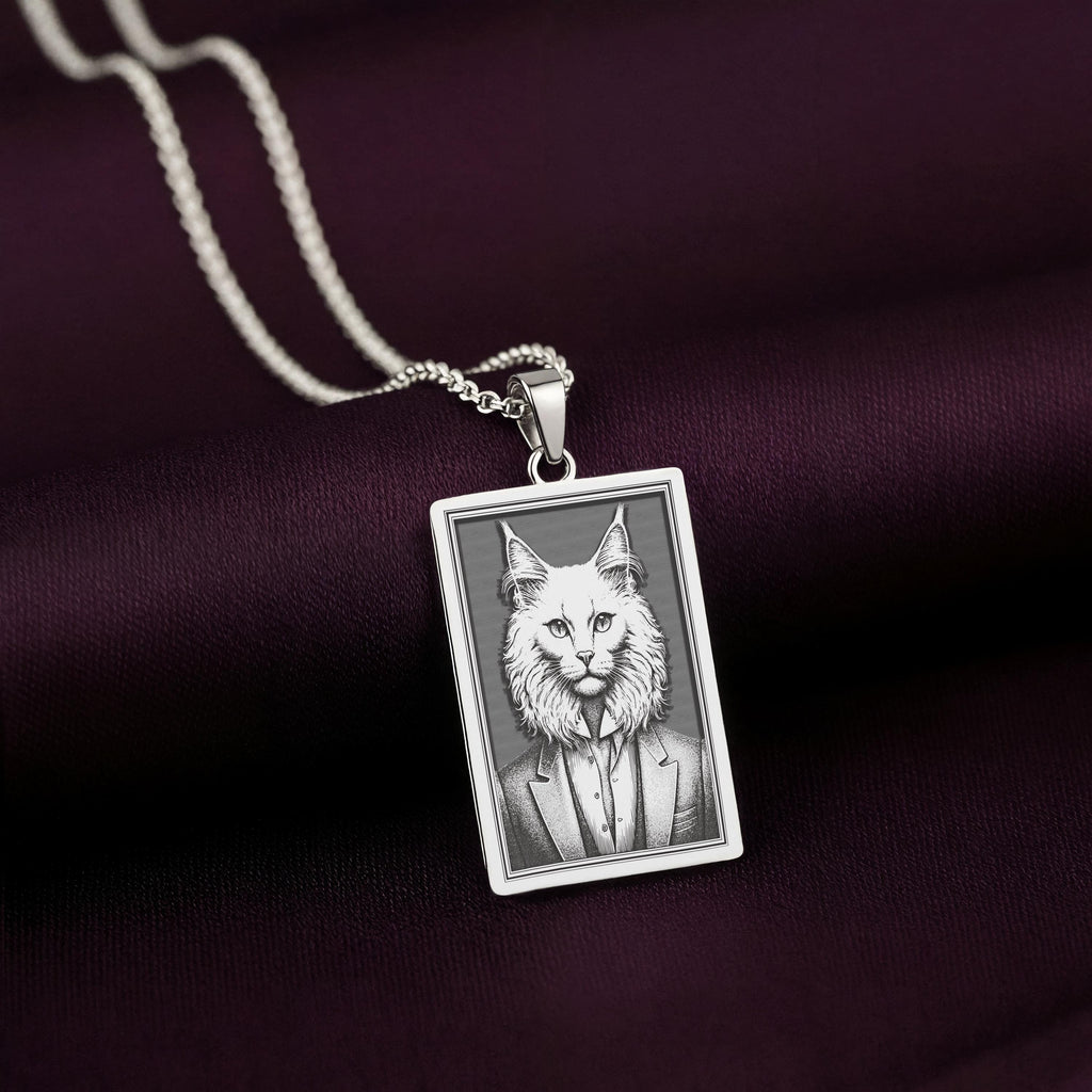 Angled view of the 925 Sterling Silver Turkish Angora necklace, highlighting the polished finish and the engraved Edwardian style cat portrait.
