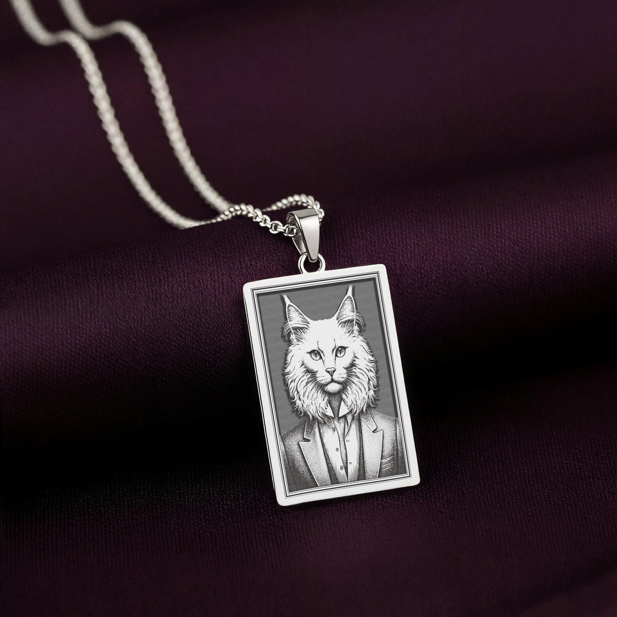 Angled view of the 925 Sterling Silver Turkish Angora necklace, highlighting the polished finish and the engraved Edwardian style cat portrait.