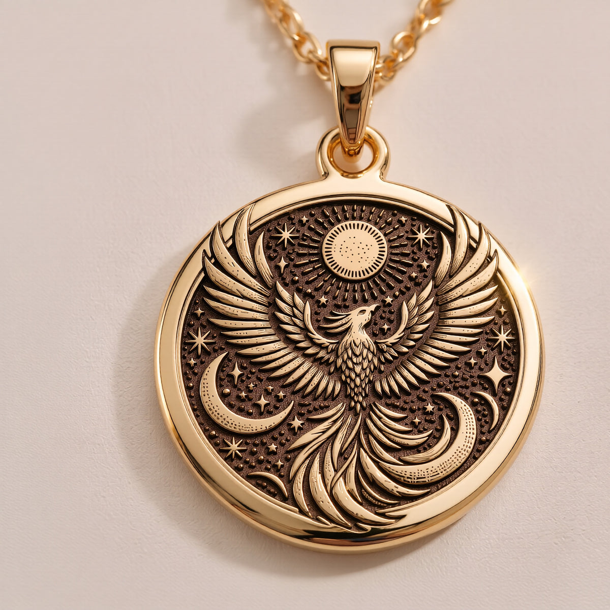 Firebird Mythical Phoenix Pendant Necklaces 14K 14K Gold Plated round pendant featuring an eagle surrounded by celestial stars and crescent moon patterns - View 6