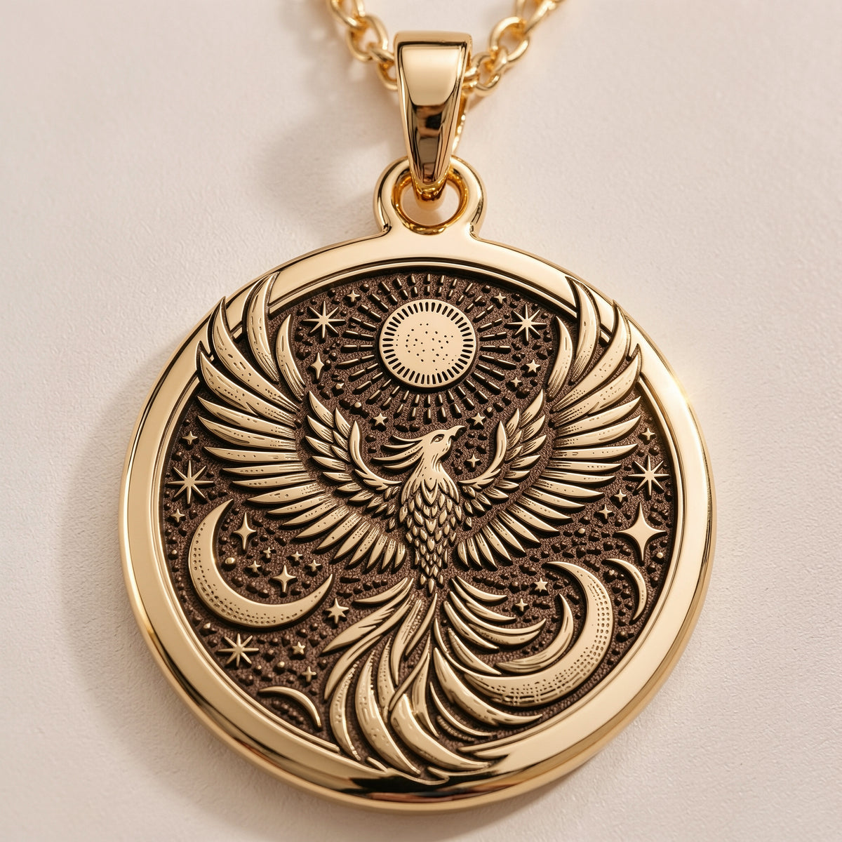 Firebird Mythical Phoenix Pendant Necklaces 14K 14K Gold Plated round pendant featuring an eagle surrounded by celestial stars and crescent moon patterns
